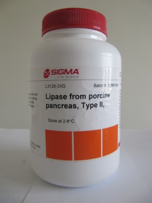 L3126 Lipase from porcine pancreas - Type II, 100-400 units/mg protein (using olive oil (30 min incubation)), 30-90 units/mg protein (using triacetin;) (Sigma)25g