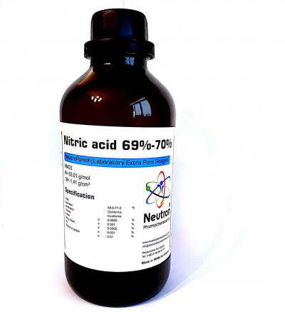 اسید نیتریک 65% گرید Extra pure 2.5 لیتری پلاستیکی کد 1.1320 ساخت شرکت شیمی دارویی نوترون