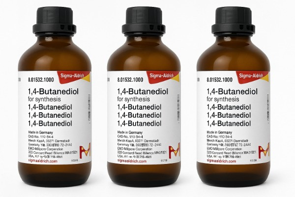 سه بطری قهوه‌ای آزمایشگاهی 1,4-Butanediol از برند Sigma-Aldrich با برچسب محصول شامل شماره کاتالوگ 8.01532.1000، مشخصات مرک آلمان و لوگوی Merck روی پس‌زمینه سفید