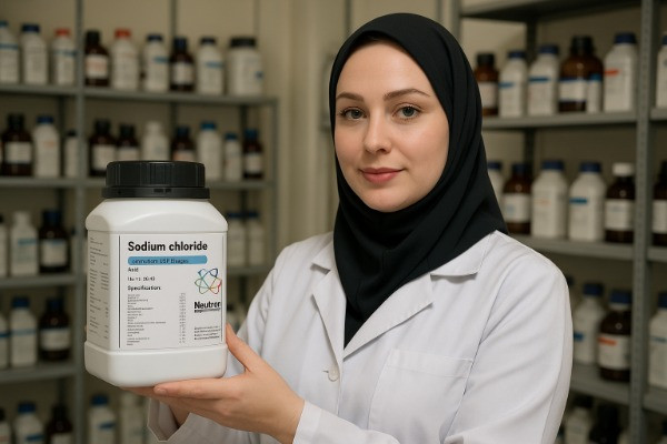 کارمند آزمایشگاه با روپوش سفید و روسری مشکی در انبار مواد شیمیایی ایستاده و ظرف Sodium chloride Neutron را در دست دارد و آن را معرفی می‌کند
