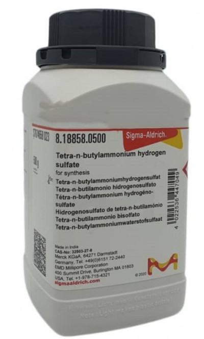 بطری ماده شیمیایی تترا ان بوتیل آمونیوم هیدروژن سولفات مرک آلمان، وزن 500 گرم، کد 818858، محصول Sigma-Aldrich با لیبل مشخصات فنی روی ظرف