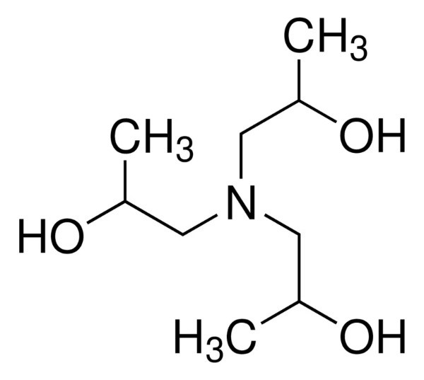 فرمول ساختاری تری‌ایزوپروپانول‌آمین (TIPA) با اتم نیتروژن مرکزی و سه گروه 2-هیدروکسی‌پروپیل (CH3CH(OH)CH2) متصل به آن. کاربرد در بهبود بتن و سیمان.