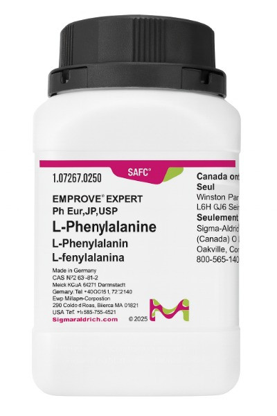<img src="L-Phenylalanine-Merck.jpg" alt="بطری پودر L-فنیل‌آلانین مرک آلمان EMPROVE EXPERT کد 1.07267.0250 با درب مشکی و لیبل سفید" />
