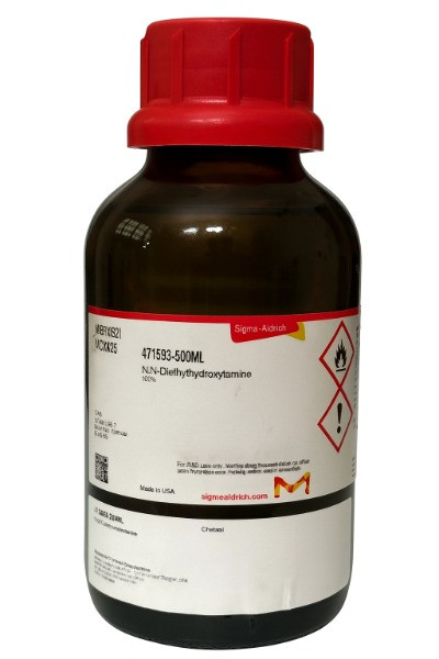 <img src="Sigma-471593-500ML-NN-Diethylhydroxylamine.jpg" alt="بطری شیشه‌ای قهوه‌ای Sigma-Aldrich با درب قرمز حاوی N,N-Diethylhydroxylamine کد 471593-500ML ساخت آمریکا برای تحقیقات آزمایشگاهی" />
