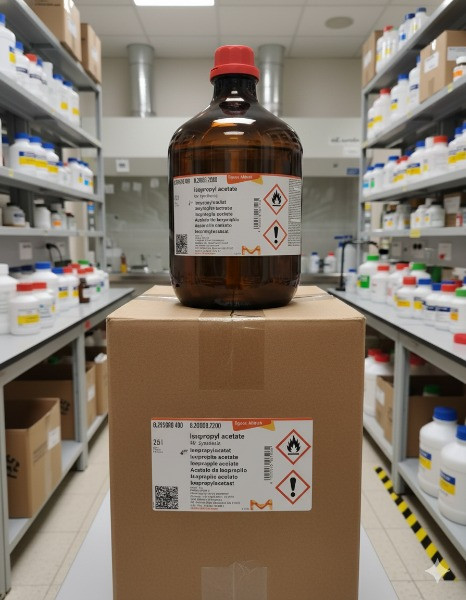 تصویر یک قوطی قهوه ای "ایزوپروپیل استات" روی یک جعبه قهوه ای دیگر با همان برچسب محصول در یک قفسه آزمایشگاهی را نشان می دهد که پس زمینه آن قفسه های بیشتر با مواد شیمیایی آزمایشگاهی است.