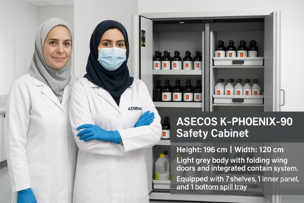 کابینت ایمنی ترکیبی Asecos مدل K-PHOENIX-90 با ارتفاع ۱۹۶ سانتی‌متر و عرض ۱۲۰ سانتی‌متر، بدنه به رنگ خاکستری روشن و درهای بال‌دار و تاشو با سیستم مهار خاکستری روشن. مجهز به ۷ قفسه، ۱ صفحه داخلی و ۱ سینی جمع‌آوری در پایین.